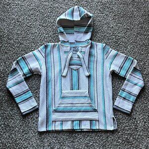 Original Senor Lopez White Blue Striped Mexican Hoodie Mens Sm Western Cowboy